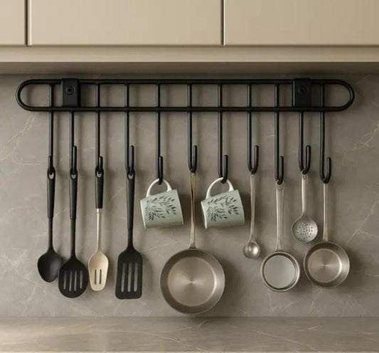 Wall Mounted Kitchen Utensil Holder Rack with 11 Hooks | Heavy Duty Metal Hanging For Kitchen Tools