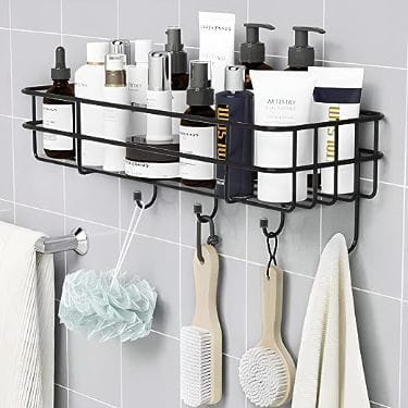 Steel Self-Adhesive Bathroom Shelves with Hooks( Number of shelves-2,Black)
