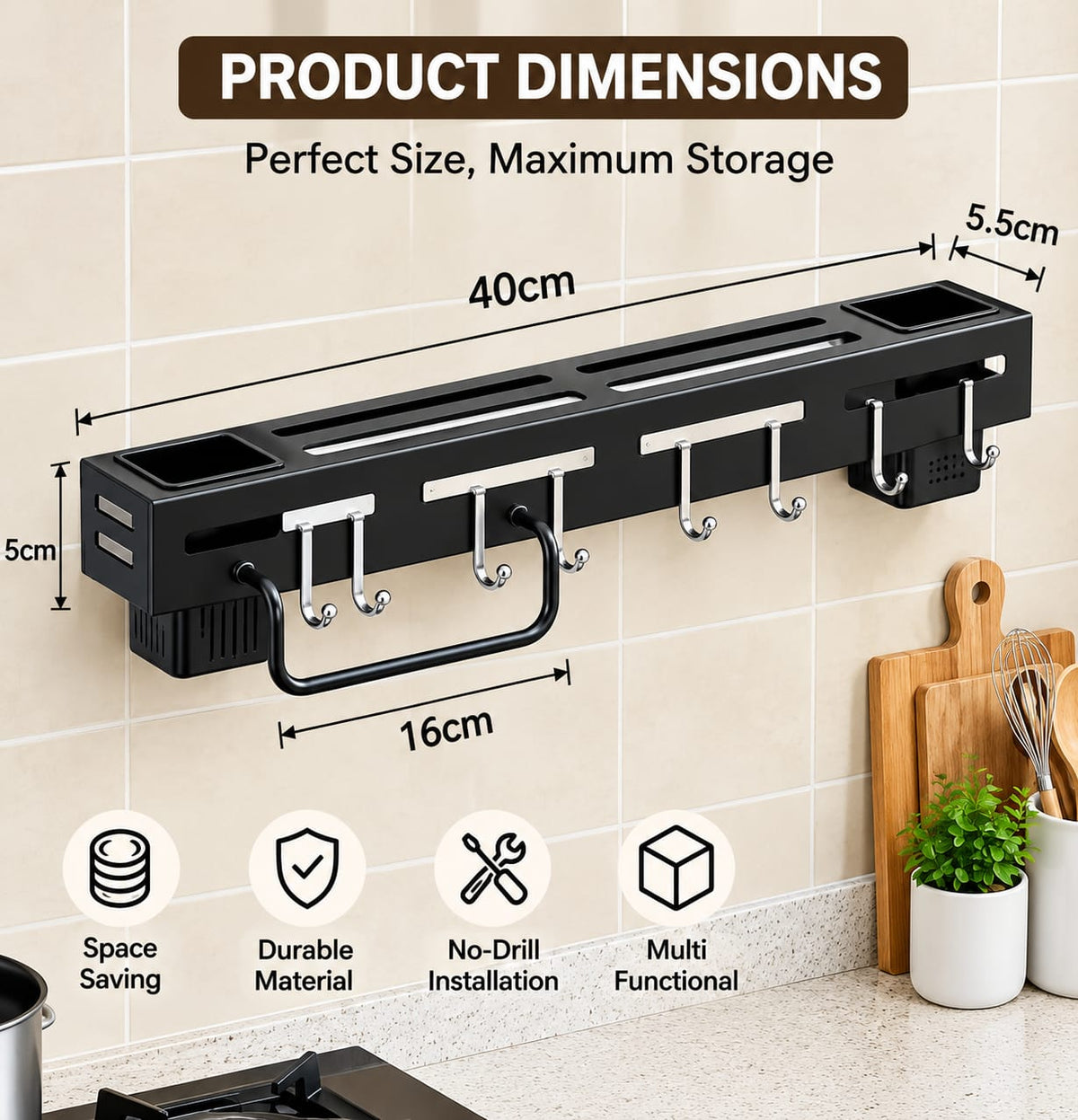 Kitchen Utensil Organizer Rack with Hooks