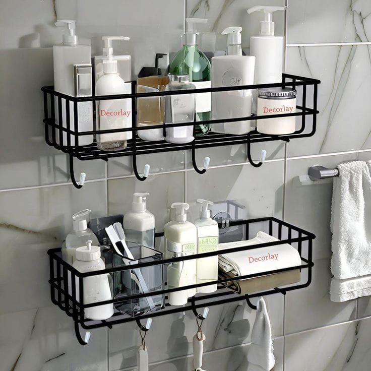 Steel Self-Adhesive Bathroom Shelves with Hooks( Number of shelves-2,Black)