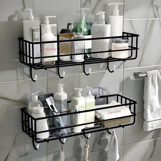 Steel Self-Adhesive Bathroom Shelves with Hooks( Number of shelves-2,Black)