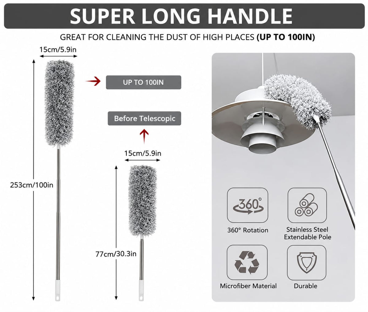 Microfiber Duster with Extendable Pole, 100 Inch, Bendable Head for ceiling Fans and High Places