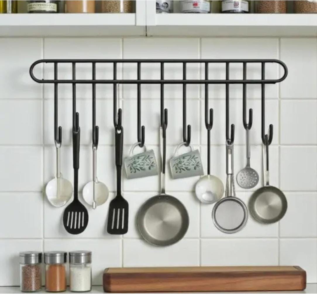 Wall Mounted Kitchen Utensil Holder Rack with 11 Hooks | Heavy Duty Metal Hanging For Kitchen Tools